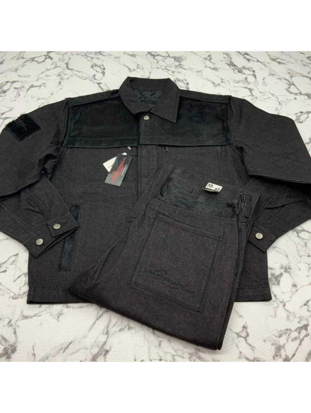 Men's Davoucci Black Pony Hair Denim Jacket & Pants Set NWT